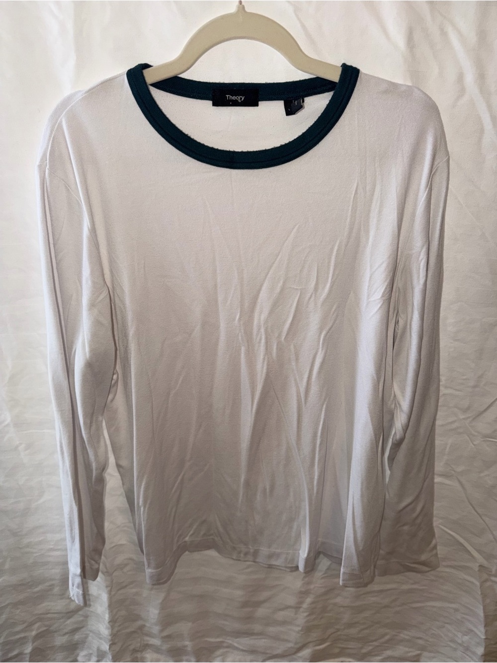 Theory Men's White Long-Sleeve Crewneck with Dark Green Trim